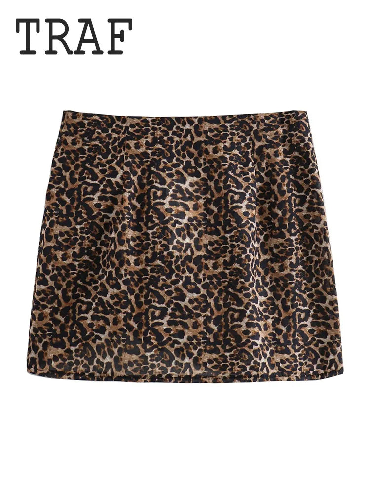 TRAF Leopard Print Knot Decoration Shorts Skirt Women 2024 New Mini Skirts Summer Sexy Skirts For Women Elegant Party Skirts